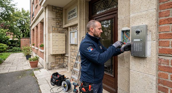 Technicien posant un interphone vidéo à l'entrée d'une résidence