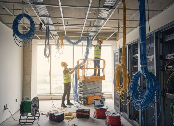 Techniciens tirant des câbles réseau RJ45 dans un local en travaux